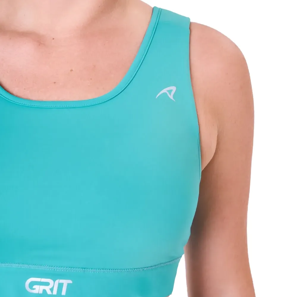 Mulher de frente usando top esportivo azul claro Authen